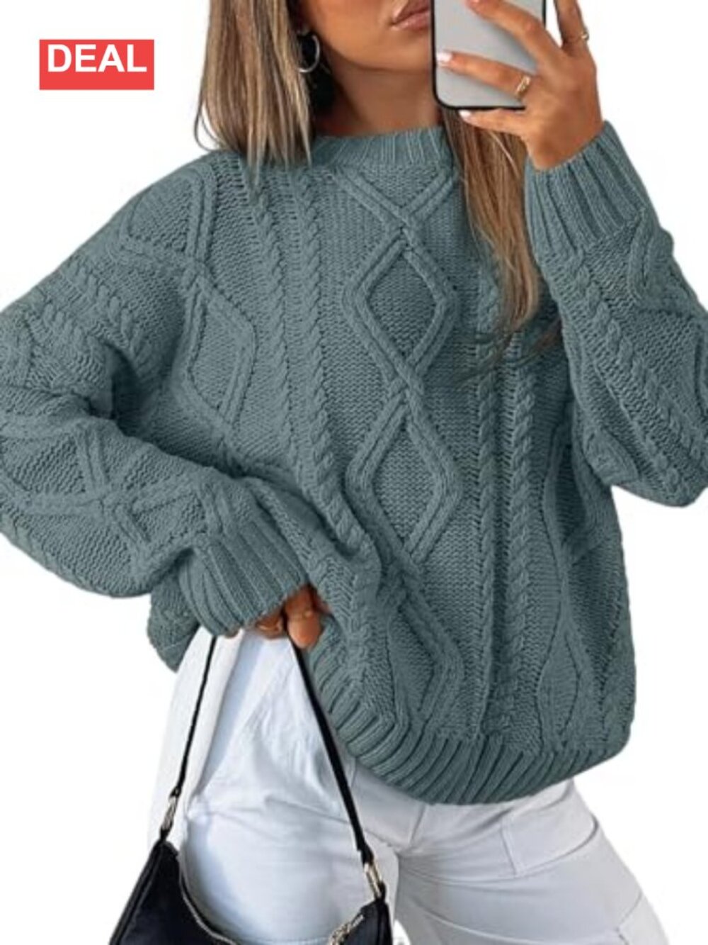 Women's Oversized Cable Knit Sweater Cotton Blend Pullover Crew Neck